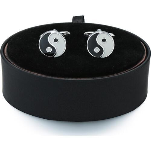 New Mens French Cufflinks black leather box set of yin and Yang Tai Chi pattern Cufflinks Gift Set and free shipping