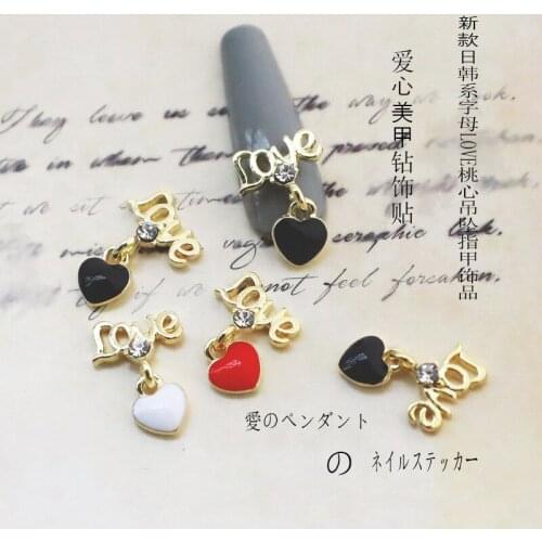 20pcs New Japanese and Korean Letters LOVE Love Heart Pendant Nail Jewelry Alloy Diamond Red White Love Nail Art Stickers