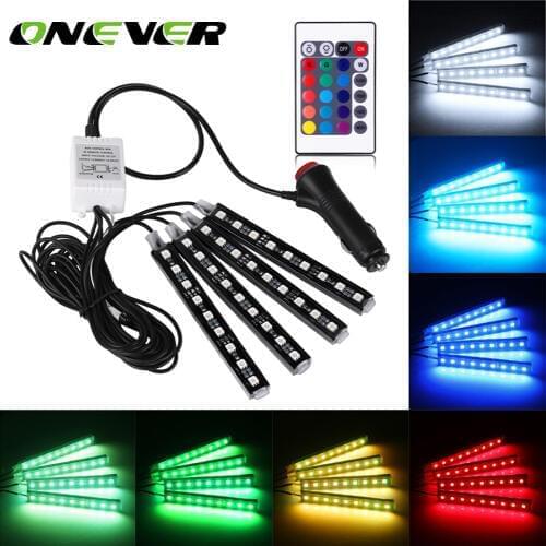Onever 4PCS Car RGB LED Strip Light Atmosphere Lamp Kit Foot Lamp Remote Control Decorative Light Car-Styling Car Accessories