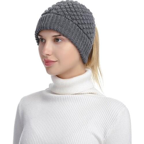 Autumn Winter Ponytail Beanie Hat Outdoor Women Stretch Knitted Crochet Beanies Caps Winter Hats Cap For Women Warm Lady
