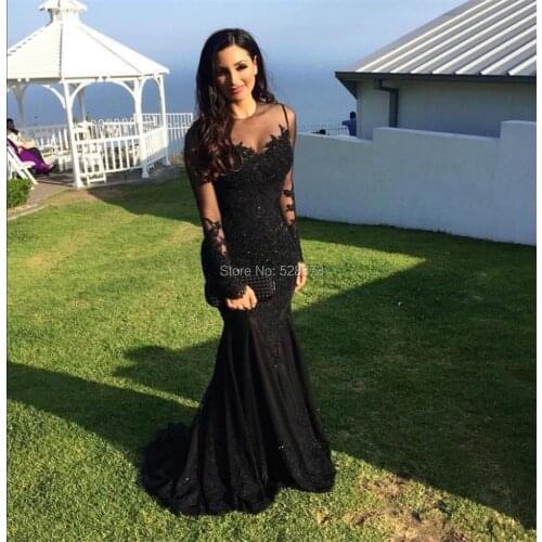 YNQNFS ED23 See-Through Skirt Elegant Lace Appliqued Mermaid Fishtail Sheer Long Sleeve Evening Dress Black Color