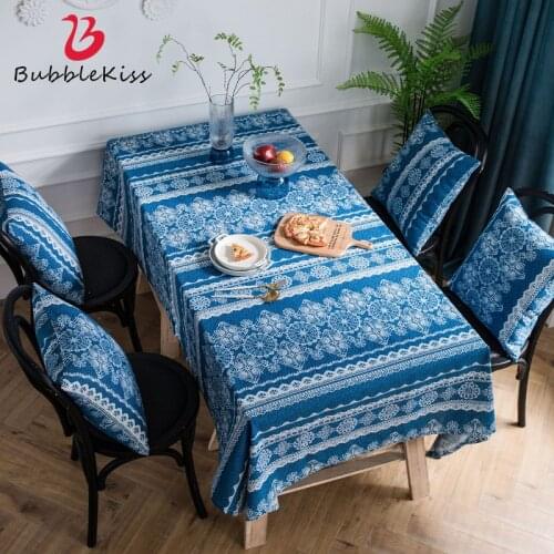 Bubble Kiss Tablecloth Retro Blue Printing Pastoral Style Cotton Linen Soft Comfortable Dust-Proof Home Decoration Table Cloth