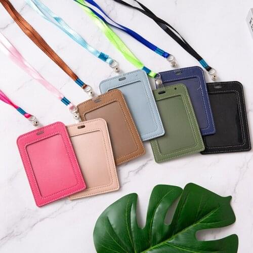 Student campus Simple and fashionable new PU leather card holder Student with rope and neck card holder