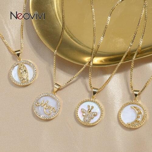 Neovivi Vintage Womens Necklaces Shell Virgin Mary Round Gold Necklaces Bohemia Fashion CZ Mom pendant Necklace 2021 Jewelry