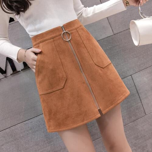 Black Elegant Office Lady Solid Color Front Zipper Mid High Waist Skirts Spring Winter Women Suede Leater Package Hip Skirt
