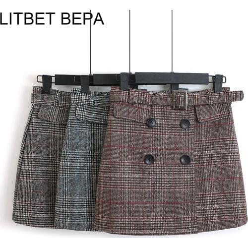 New 2021 Women Woolen Mini Skirt Autumn Winter Straight Plaid With Belt Buttons Elegant Skater Skirt High Waist Femininas SK5581