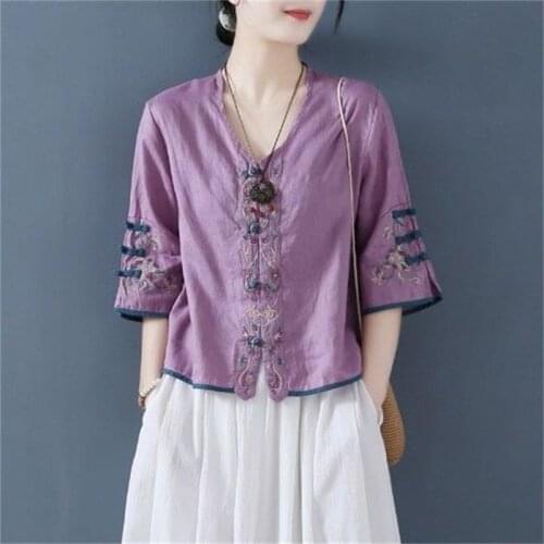 Ladies Retro Tang Suit Chinese Traditional Floral Embroidery Disc Button V-Neck Loose Thin Cardigan Tops Elegant Zen Tea Clothes