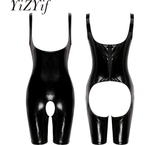 Women Bodysuit sexy lingerie One-piece Wet Look Patent Leather Deep U Neck Crotchless Open Butt Slim Fit Short Leotard Jumpsuit