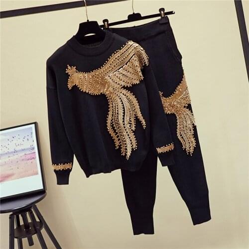 Black Gray White Knitted Set Women Manual Sequins Phoenix Knit Sweater Pencil Pants Two Piece Outfits Female Loose Casual Suit
