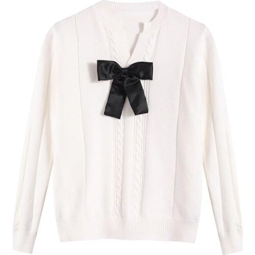 PERHAPS U Women White Sweater Knitted Pullovers Long Sleeve Bow Autumn Winter M0482