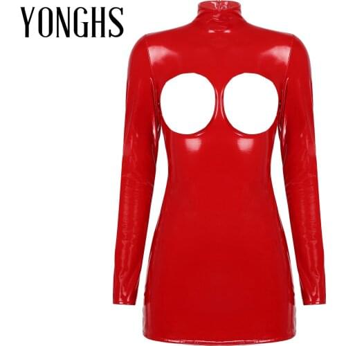 Womens Lingerie Open Cups Wet Look Patent Leather Zipper Mini Dress Bare Breast Sexy Leotard Bodysuit Erotic Hot Sexy Clothing