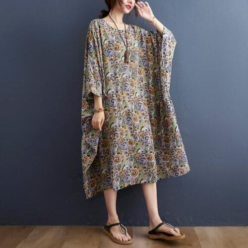 Vintage Dress 2021 New Arrival Batwing Sleeve Loose Summer Oversized Dress Print Floral Women Travel Casual Loose Long Dress