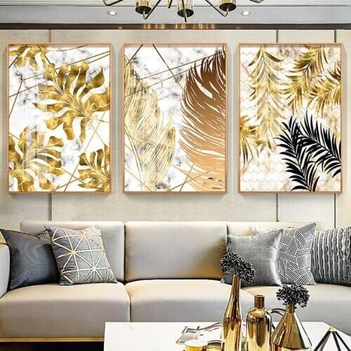 Golden Leaves Plant Posters Home Decor Nordic Canvas Painting Wall Art Marbling Art Picture and Prints for Living Room Decor