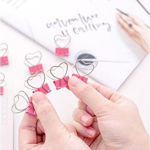 200pcs Cute Heart Binder Clip Metal Pink Office Supplies Kawaii Planner Clip Shaped Paper Clips Wholesale Bookmark Stationery
