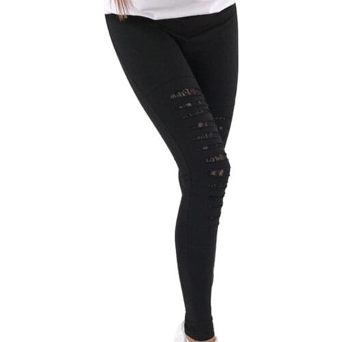 80% HOT SALES!!! Women Ripped Lace Patchwork Leggings Stretch Solid Color Skinny Pencil Pants