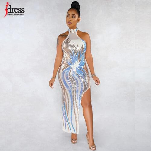 IDress Shiny Sequin Mesh Bandage Dress Women Off the Shoulder Backless Party Dress Vintage Halter Side Split See Through Dress