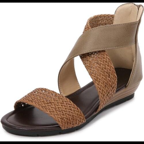 Womens Sandals Summer Vintage Wedge Shoes Woman Zipper Weave Thick Bottom Flats Platform Sandals Cross-Strap Sandalias Mujer