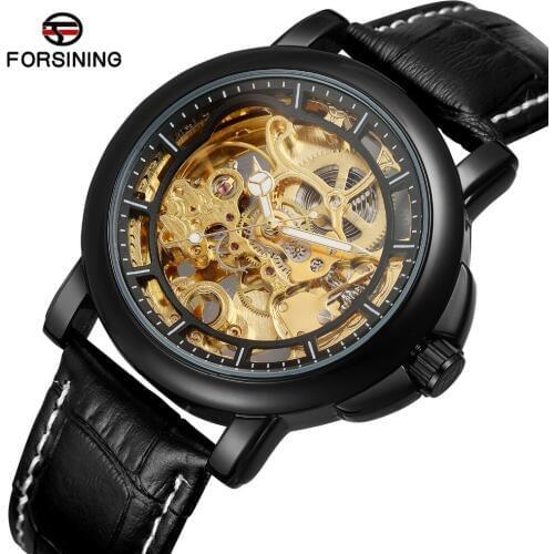 FORSINING Top Brand Mens Popular Brand Genuine Leather Strap Skeleton Fashion Wristwatches with Automatic Self-wind Movement