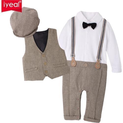 IYEAL NEWEST 2020 Newborn Boy Clothing Sets Top Quality Cotton Gentleman Spring Fashion Rompers + Vest + Hat Autumn Baby Clothes