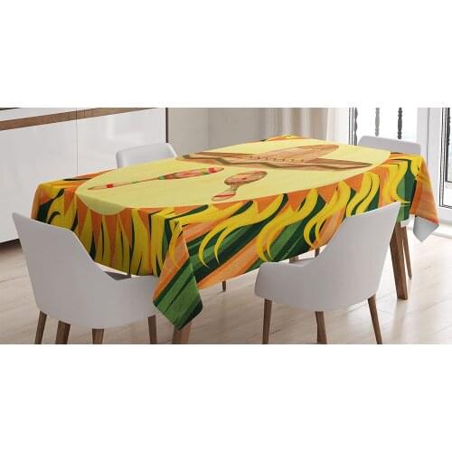 Design Mexican Decorations Tablecloth Hat and Maracas in The Centre of Sun Figure Hippie Style Boho Custom Table Cover
