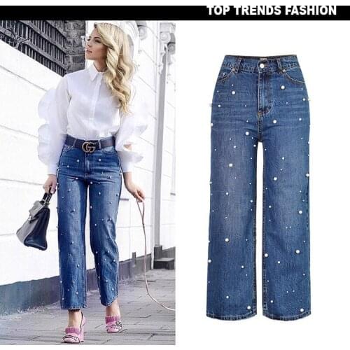 Women Jeans Denim Pants High Waist Pearl Beading Wide Leg Straight Jeans