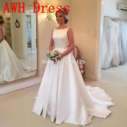 Elegant Satin Wedding Dresses Off the Shoulder Scoop A Line Bridal Gowns Sexy Backless Long Pleated Sleeveless Bride Dress 2020
