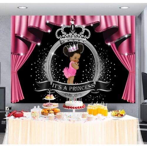 Pink Curtain Silver Crown Princess Birthday Party Backdrop Newborn Baby Shower Child Portrait Shoot Photography Background