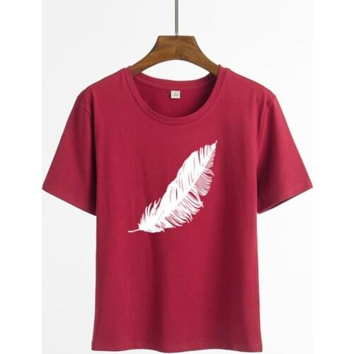 Summer Basic T Shirt Women Feather Print Loose O Neck Short Sleeve Elastic Stretched Tees For Ladies Tops