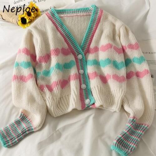 Neploe Love Heart Print Sweet Style Knitted Coats Women All-match Single Breasted V-neck Cardigan Female Loose Autumn New Shirts