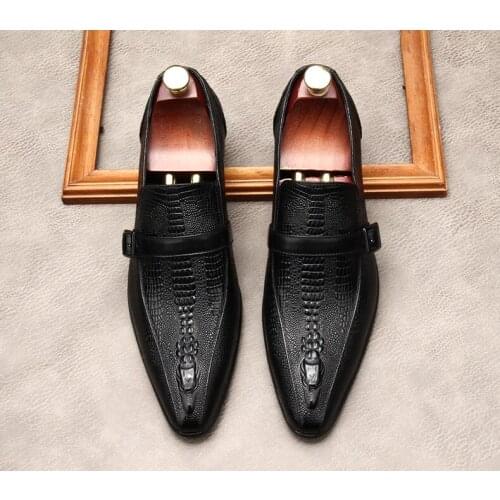 Classic Italian buckle Genuine Leather Mens Oxford Dress Shoes Male Party Wedding Office Black brown Brogue Formal Footwear