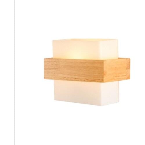 Indoor creative square wall lamp led living room bedroom simple wooden art bedside lamp oak solid wood glass wall lamp