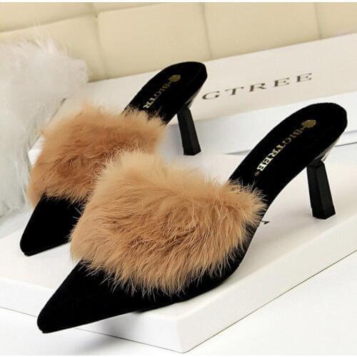 Fur Mules High Heels Bigtree Shoes Pointed Toe High Heels Sexy Ladies Pumps Women Dress Shoes Black Heels Party Shoes Ayakkabi