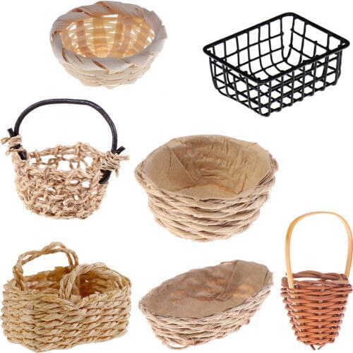 Mini 1/12 Cute Dollhouse Rattan Iron Frame Frame Hand-woven Vegetable Food Storage Basket Dolls Miniature Decoration