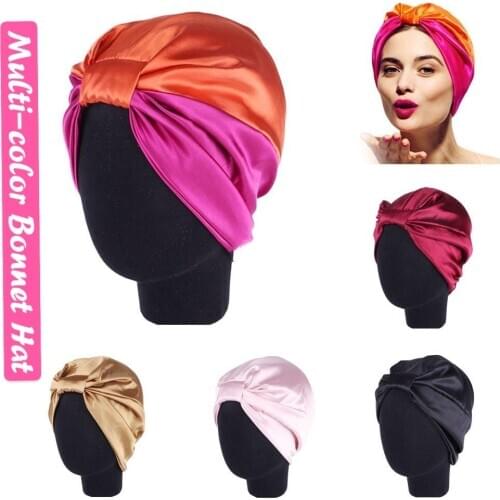Multi-Colors Salon Satin Bonnet Double Elastic Night Cap Natural Curly Hair Bathing Sleep Women Head Cover Wrap