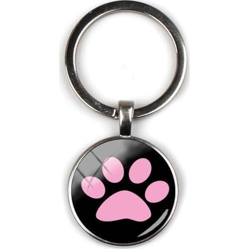 Fashion cute animal paw print keychain cat dog I love pet text glass pendant keyring men girl accessories favorite gift souvenir