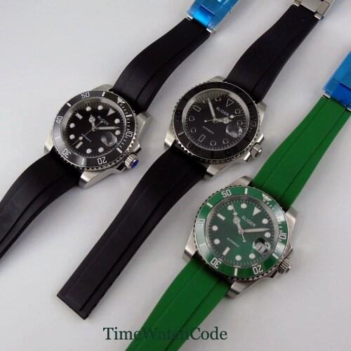 Bliger 40mm NH35 Miyota8215 Automatic Movement Mens Watch Date Display Sapphire Glass Rubber Strap Green Black Dial Luminous