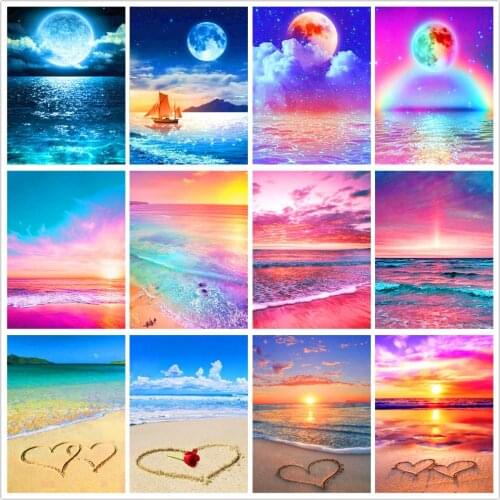 Round full diamond embroidery kit DIY seaside beach moonlight 5D diamond painting