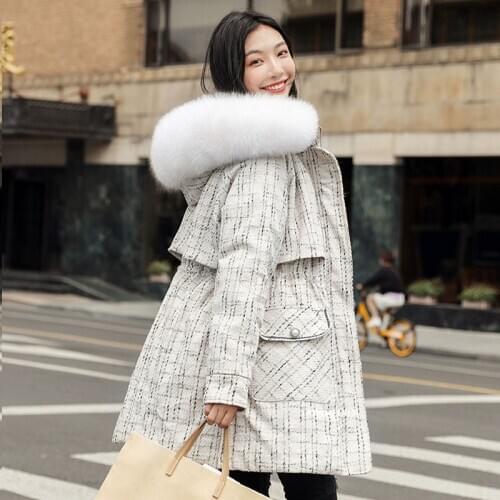 2021 New Winter Korean Natural Large Fur Fox Collar Down Coat Women White Duck Down Jacket Women Parka Loose Outerwear YRF258
