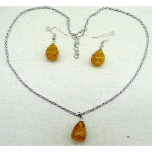 Wholesale Natural Precious Modernist Water drop TEARDROP GOLDEN HONEY PRESSED AMBERS Jewelry making earring necklace 1Suit Q9