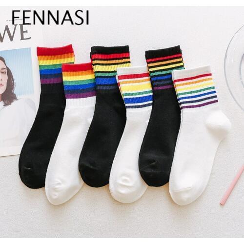 2019 Autumn And Winter Rainbow Stripes In The Tube Female Socks Japanese Long Socks Trend Street Korean Candy Color Socks Woman
