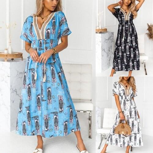 Summer Women Dress For 2021 Beach Holiday Patchwork Sexy V-Neck Print Color Lace Up Maxi Casual Female Vestido Party Robe C2662