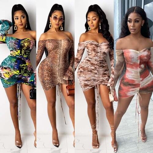 Sexy Print Leopard Women Dress Slash Neck Flare Sleeve Mini Dress Drawstring Streetwear Summer Clothes For Women