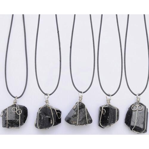 Silver Color Dipped geometric Black Tourmaline Pendant Necklace Raw Stone Schorl Chakra Healing Crystal Point Pendant Colar 50cm