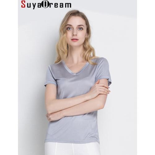 SuyaDream Women Silk T shirt Natural Silk Short Sleeve Solid V neck Top Shirt 2020 new white black Bottoming Shirts