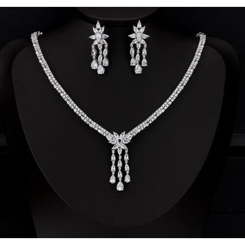 TIRIM Trendy Luxury Tassels Drop Necklace Earrings Jewelry Set for Women Wedding & Engagement Cubic Zircon Bridal Wed Jewelri