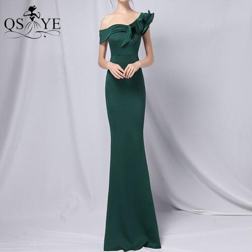 Green Evening Dresses One Shoulder Mermaid Formal Gown Side Sleeves Ruffles Neck Prom Dress Stretch Fitted Emerald Party Dress