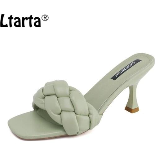 LTARTA 2021 Summer Square Head Woven Casual Wear Slippers Straight Open Toe High Heel Sandals Womens Shoes LXL