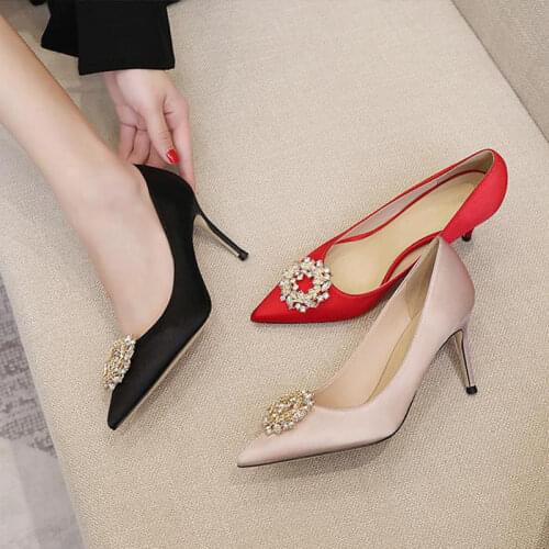 2021 New Rhinestone Pointed High Heels Black Banquet Plus Size Women Shoes 41 42 43