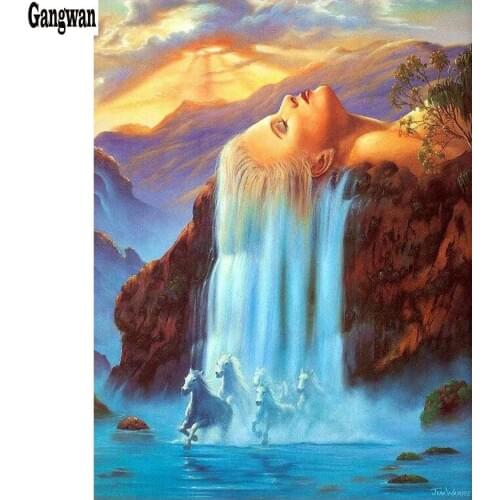 Woman hair waterfall 3d diamond mosaic horses Landscape full rhinestone embroidery natural scenery diamond painting cross stitch