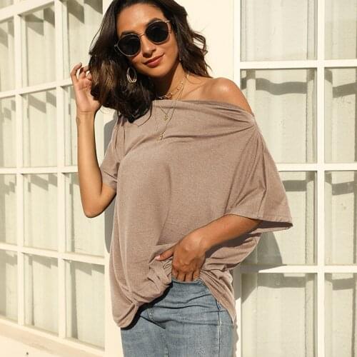 IFIUPAI Women’s Top Solid Color Cotton T-shirt Off-the-shoulder Female Clothing Oversized T-shirt All-matched Loose Short-sleeve